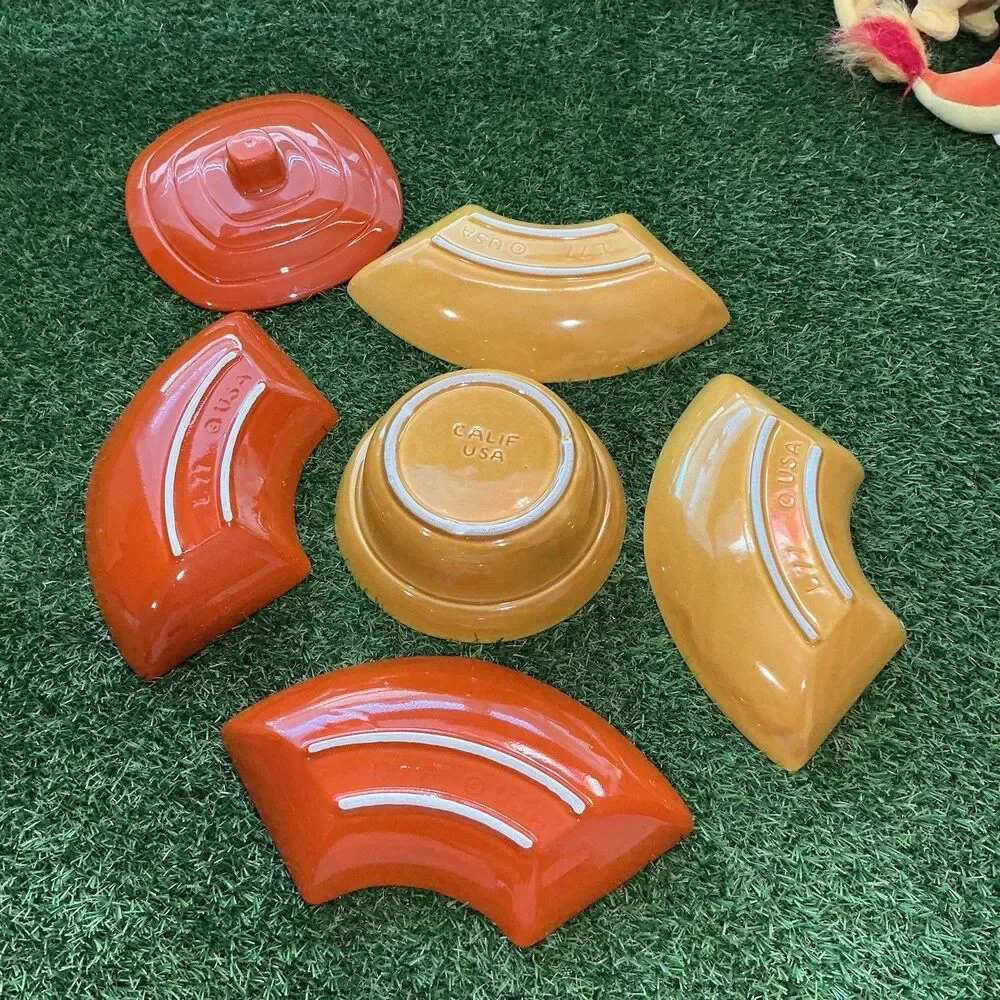 Vintage California Pottery 6 Pc Relish Serving Set Orange Brown CALIF USA MCM